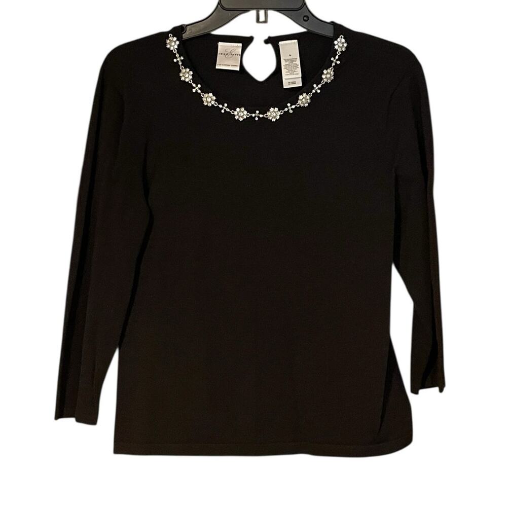 Emma James Women's Size Medium 3/4 Sleeve Jeweled Crew Neck Stretchy Top